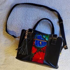 New Leather Handbag Embroidered, Black, Never Used